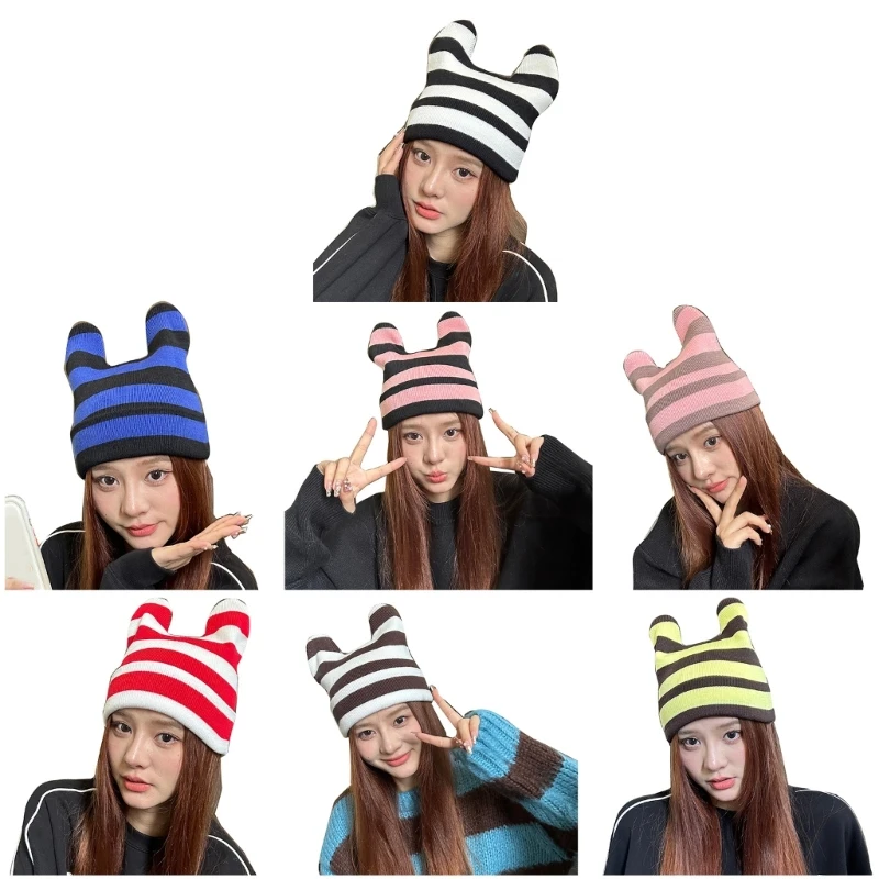 

New Striped Hat for Female Winter Beanie Cap InsStyle Casual Slouchy Bonnet Hat Warm Skull Hat Female Sports Hat