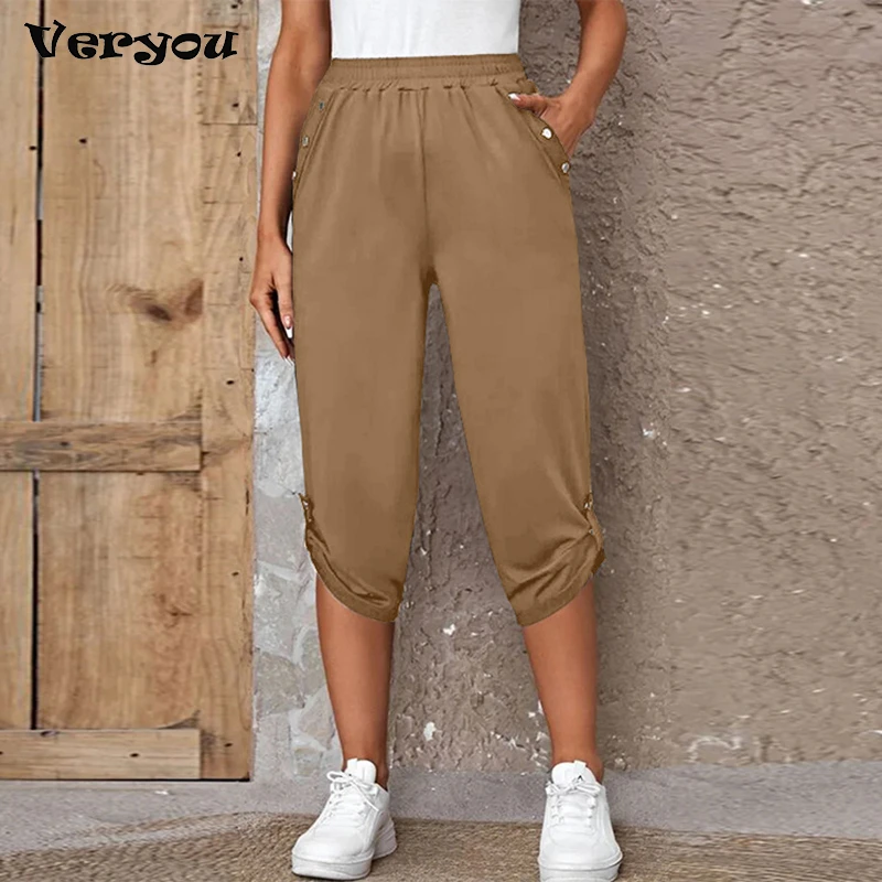 WomensFashionPencilPantsCasualSummerSolidColorButtonElastic