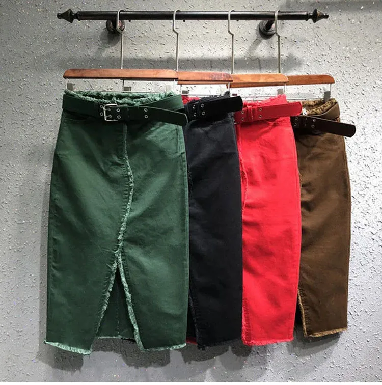 2022 Spring Summer Casual Women Lady Red Black Green High Waisted Tassel Stretch Pencil Denim Skirt Womens Elastic Jeans Skirts black pencil skirt