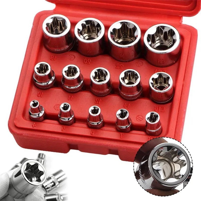 14PCS E-Torx Star Socket Set 1/4" 3/8" 1/2" Bits Drive E4-E24 Female Torx Socket Insert Nut Handheld Tool Torque Wrench Adater