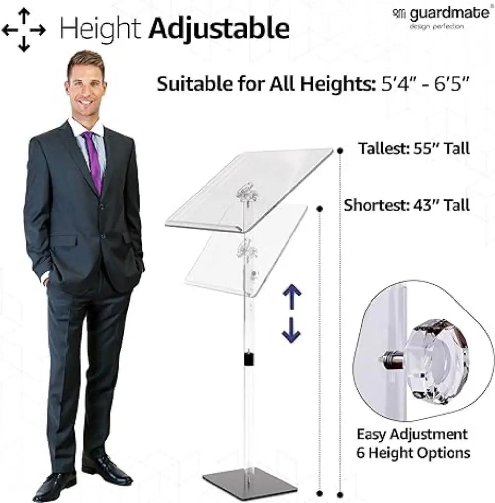 Acrylic Podium Lectern Stand Height Adjustable Ultra Clear Light Weight Portable Church Pulpit 360&deg; Angle Tilt Laptop Music