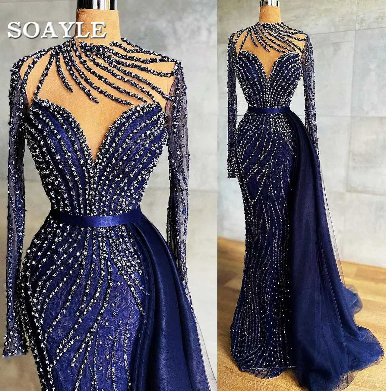 womens formal dresses Long Sleeves Evening Dresses Beading Luxury Prom Dress Navy Satin Custom Made Long Dress Prom Gowns sexy ball gowns Evening Dresses