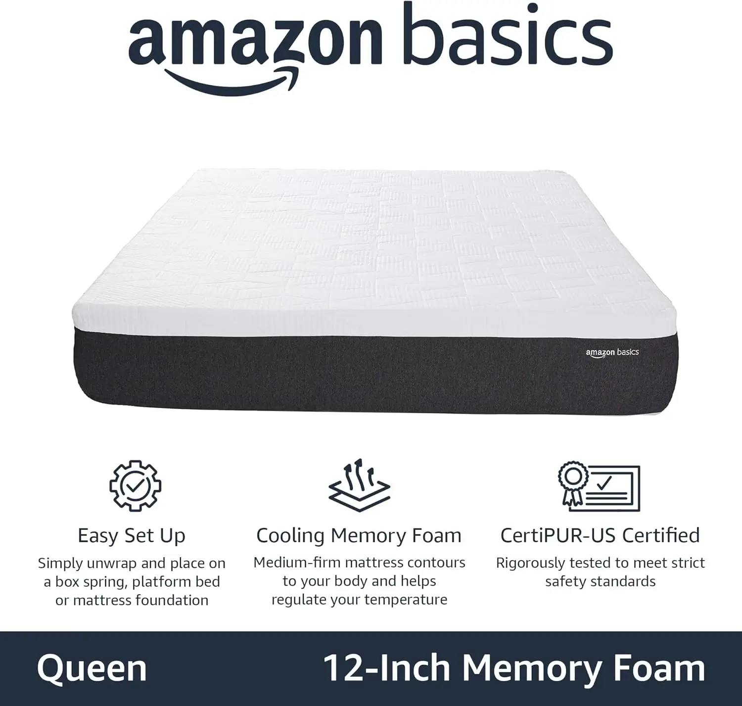 Gel Memory Foam Mattress, Firm, Cooling, Queen Size Mattress, CertiPUR-US Certified, 80 x 60 x 12 inches, White/Dark Gray 2