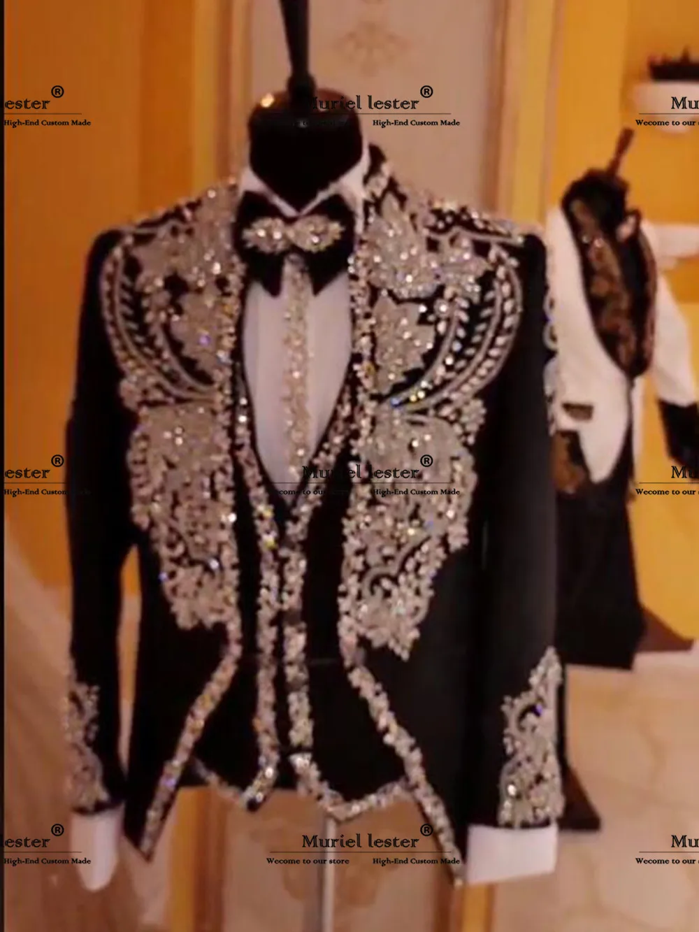 Customized Diamond Beaded Men Suits Groom Wedding Tuxedos 3 Pieces Sets Man Fashion Bridegroom Prom Blazers Slim Fit ropa hombre 2