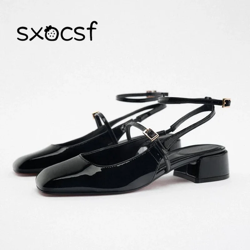 

2024 High Heels Mary Janes Shoes For Women Pumps Heels Fashion Double Buckle Strap Pumps Woman Black Patent Leather Shoes