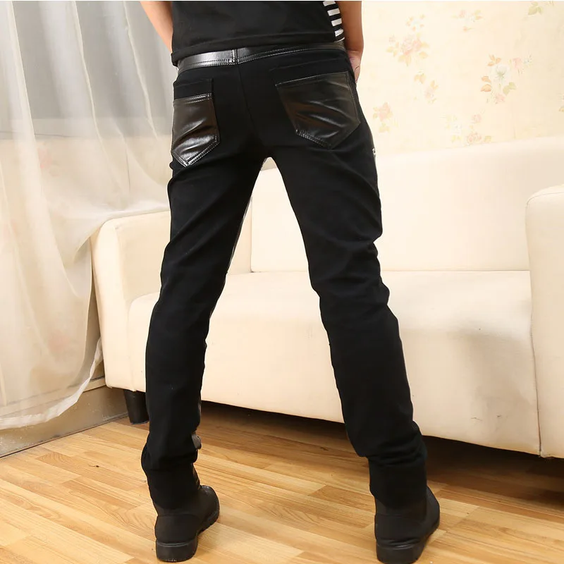 Men's Pu Patchwork Leather Pants Casual Punk Motorcycle Leather Trousers Fashion Buttons Splicing Pants Men Trousers Leather Pants