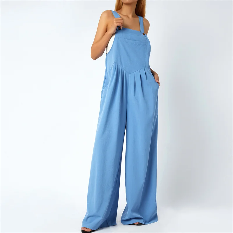 

Summer Casual Office Lady Suspender Romper Overalls Ladies Solid Button Jumpsuits Wide Leg Pants with Pockets Women Clothing XXL