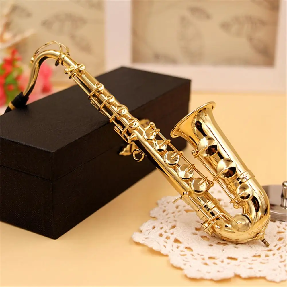 Mini Saxophone Model Musical Instrument Copper Brooch Miniature Desk Decor Display With Box + Bracket