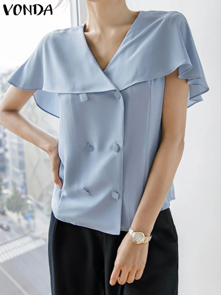 

Summer Tunic Shirts VONDA Women Elegant Blouse 2023 Fashion Short Sleeve Buttons Tops Casual Solid Color OL Blusas Femininas