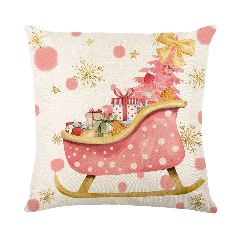 Merry Christmas Pink Cushion Cover Santa Claus Sleigh Car Reindeer Print Pillowcases Xmas Farmhouse Home Decor Sofa Pillow Cover