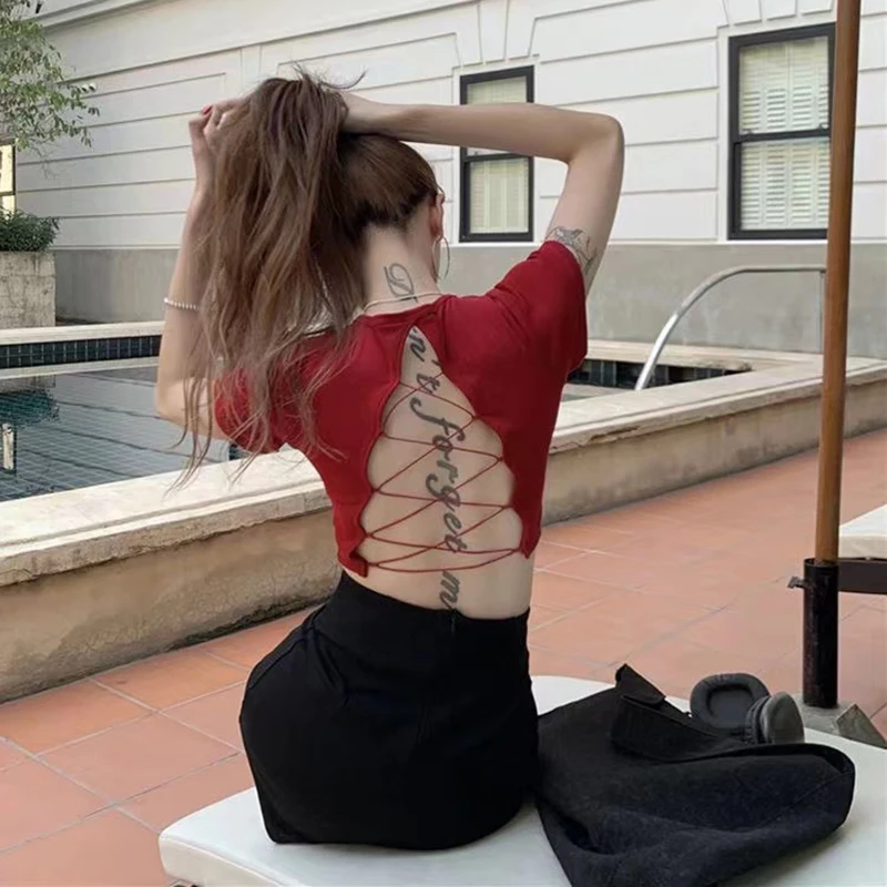 Women's O-neck Backless T-shirt Short Sleeve Solid Color Crop Top Summer Cute Baby Tee Y2K Clothes Skinny Tunics Fashion Tops