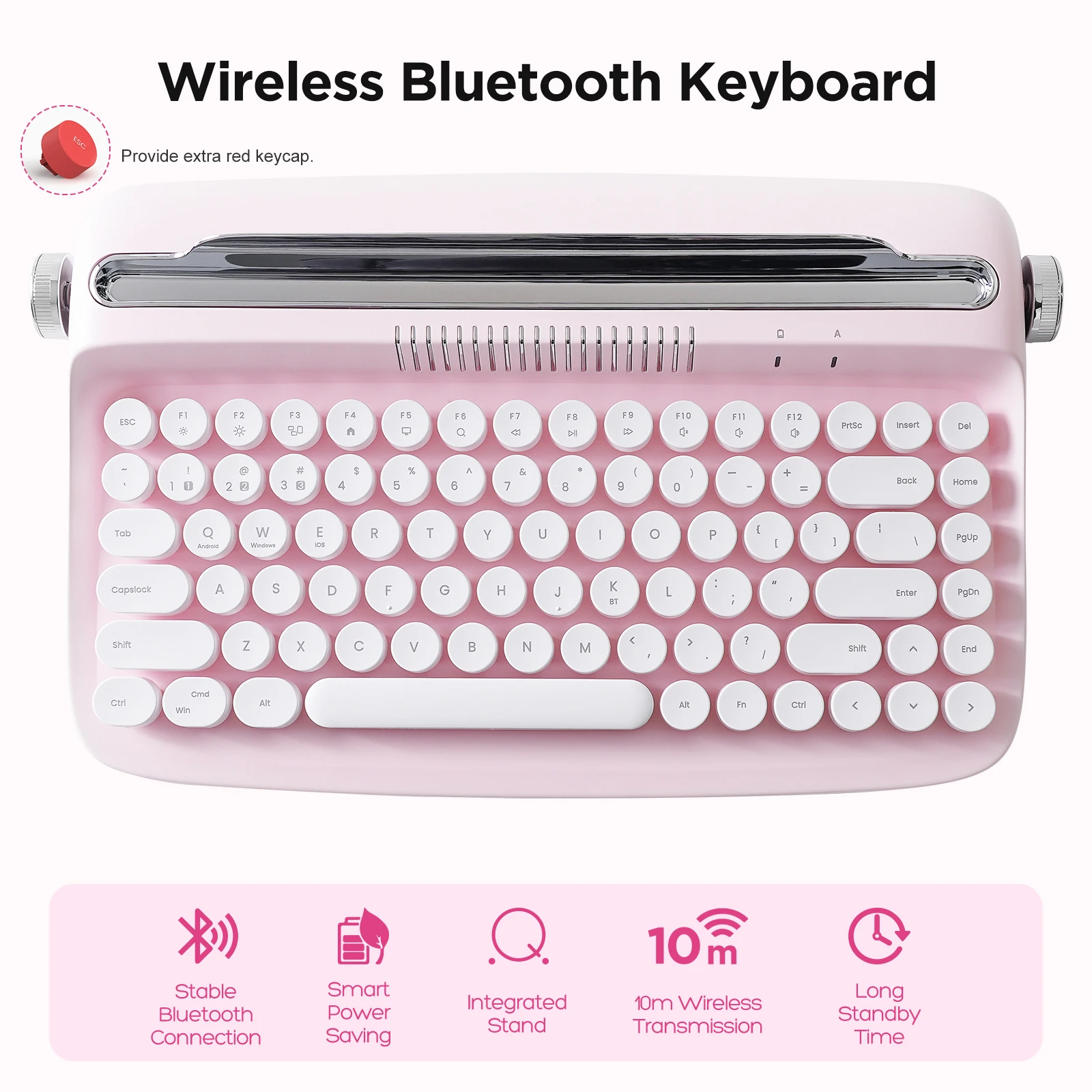 Yunzii-actto B303 Máquina de Escrever sem Fio Bluetooth Teclado Estético Suporte Integrado para Vários Dispositivos Rosa Bebê Retro - Imagem 2