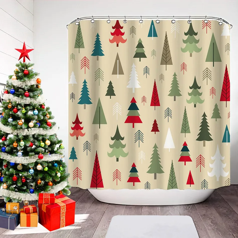 Merry Christmas Decoration Shower Curtain Waterproof Colorful Xmas Tree