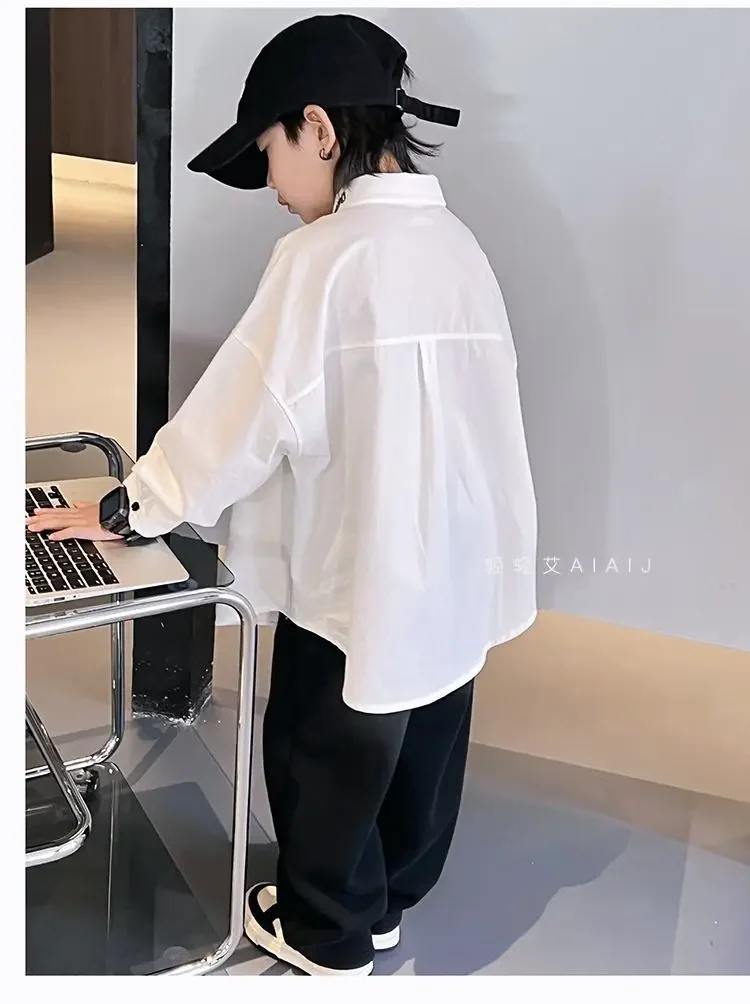 جديد 3-12 سنة ربيع الخريف الفتيان قميص بلون واحدة الصدر الوقوف طوق كم طويل قميص للأطفال الأطفال القطن قميص