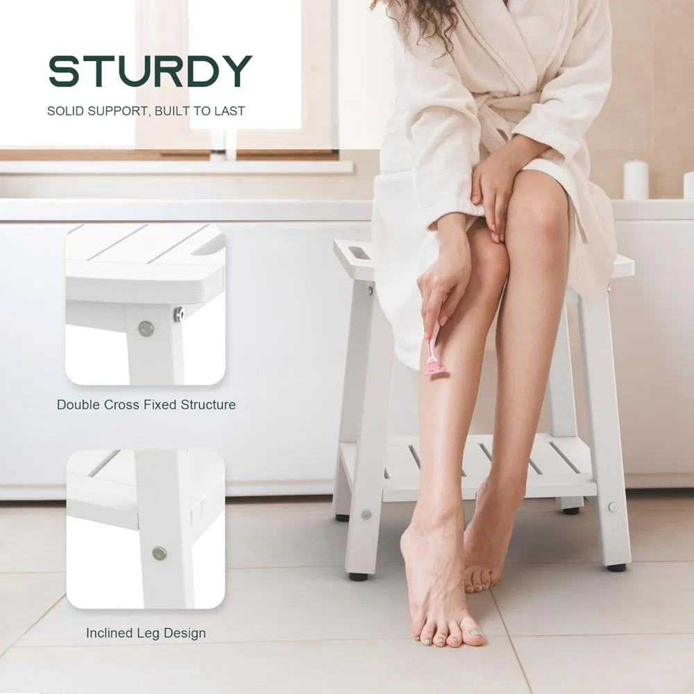 Shower Bench for Inside Shower - White Shower Stool Waterproof - Spa Bathroom Seat Chair with Handle, Storage Shelf, Adjustable 4