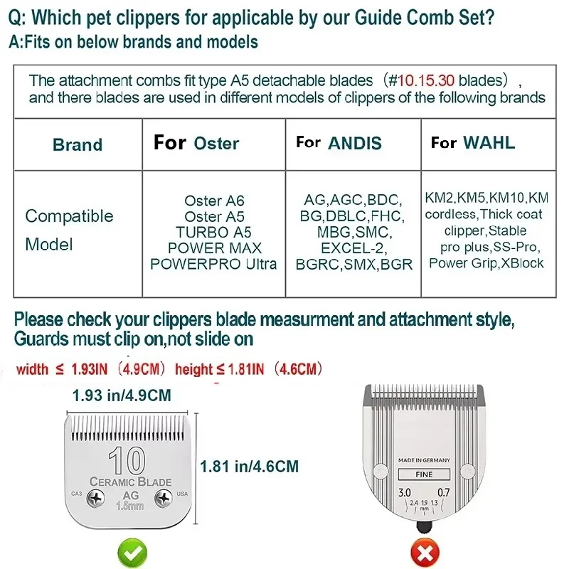 Animal Metal Comb set 9pc For Andis, Oster A5, Wahl KM Series dog/pet Clipper Detachable blade (only for size 10#/15#/30# blade)