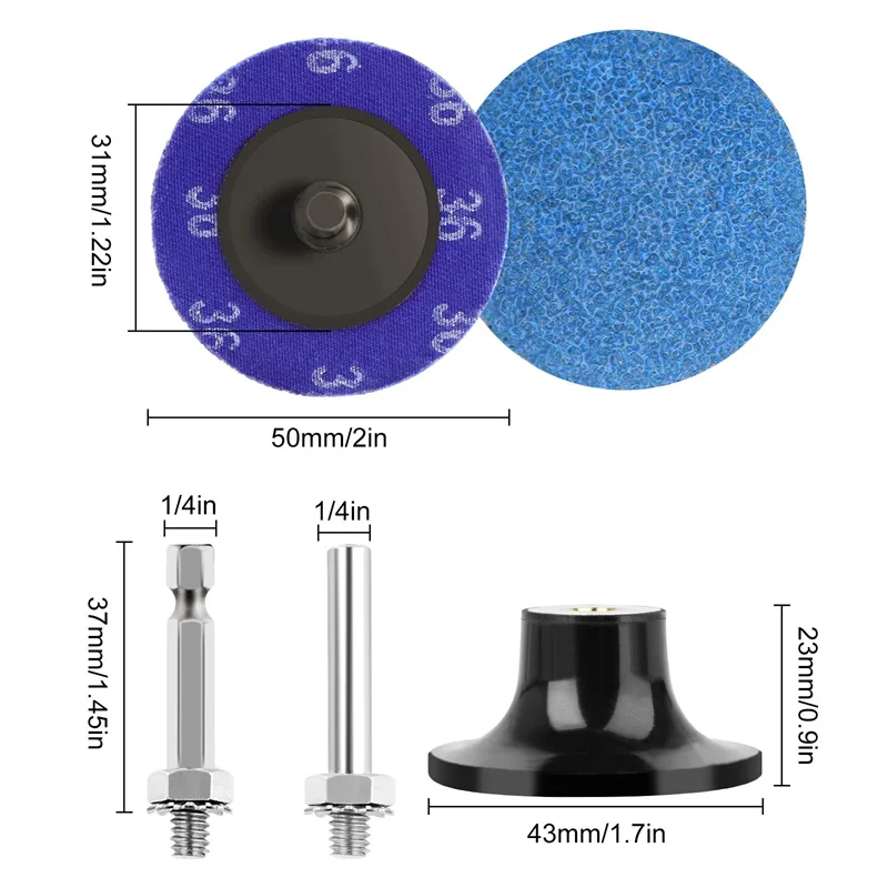 52Pcs 2 Inch Roll Lock Quick Change Discs Set Anding Discs With 1/4" Holder For Die Grinder Surface Prep Strip Grind Polish Fini