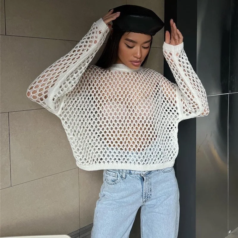 

Sexy hot girl style beach hollowed out blouse, fashionable loose knit mesh knit T-shirt, female