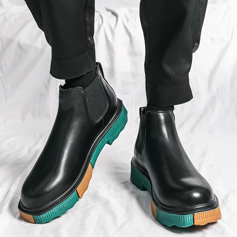 

Platform Elegant Simple Men Leather Boots Long Tip Square Toe British Chelsea Boots for Men Formal Business Luxury Shoes Spring