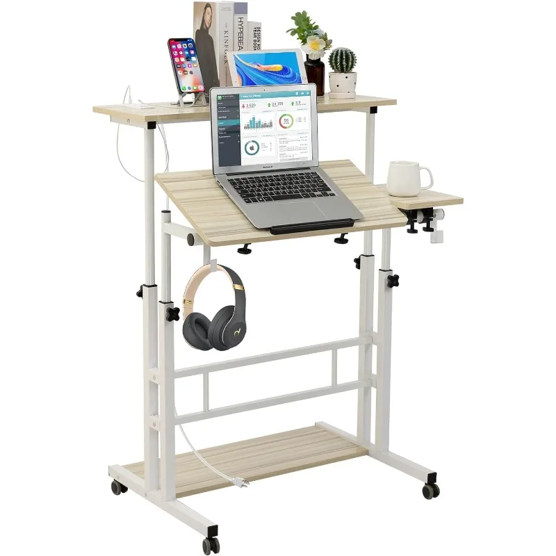 Mobile Stand Up Desk, Rolling Adjustable Laptop Table with Wheels Storage Desks Home Office Workstation