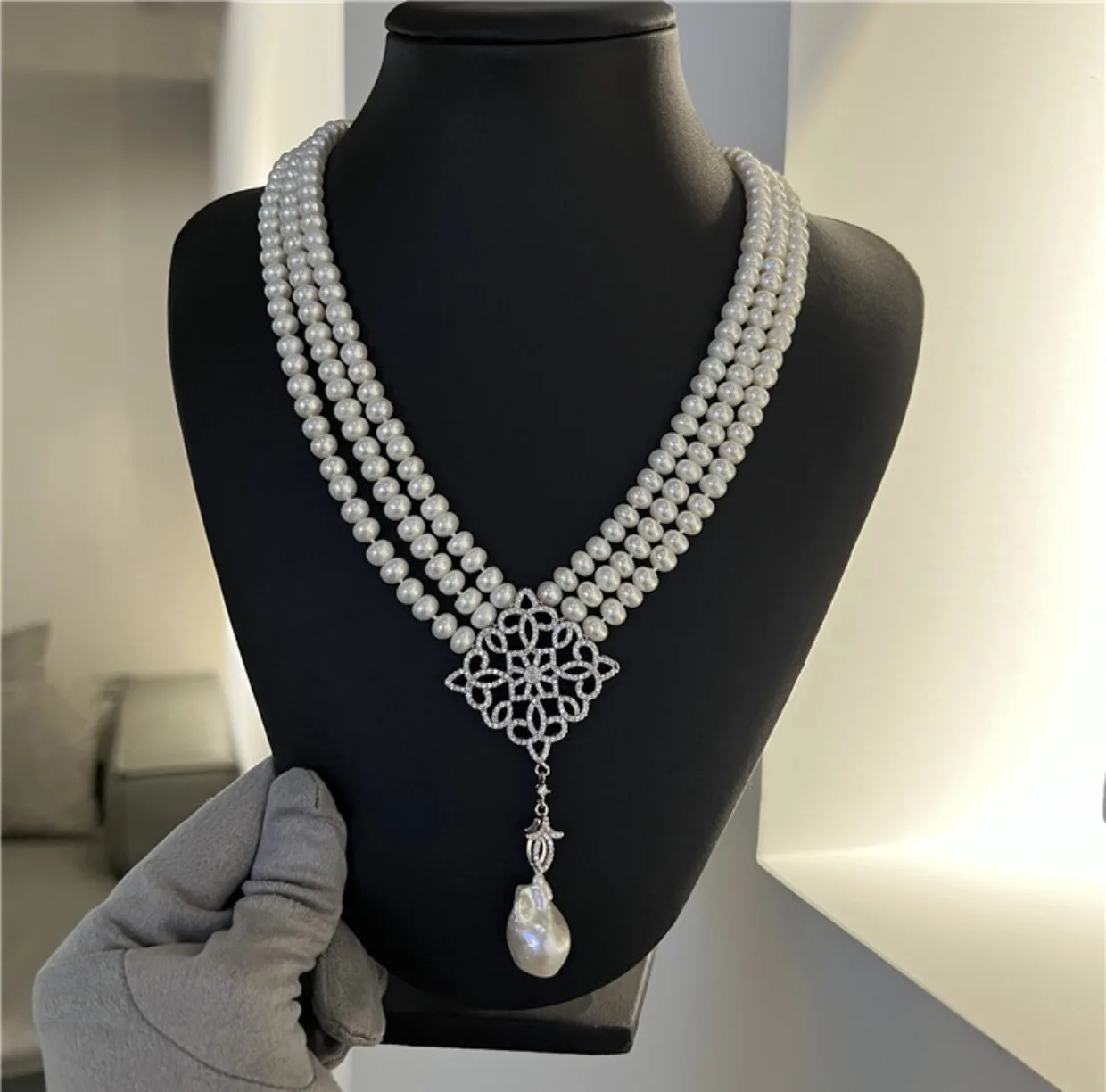 

3 Strands Natural Cultured White Pearl Necklace Cz Pave Pendant Handmade For Womens