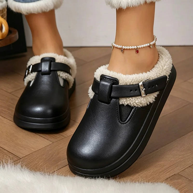 Waterproof EVA Furry Mules Slippers Women Metal Buckle