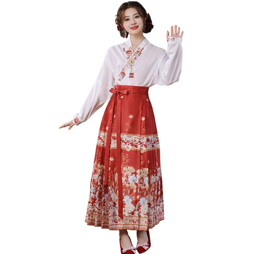 

Women Top Horse-face Skirt Suit Costume Set with Floral Embroidery Lace-up Skirt V Neck Top