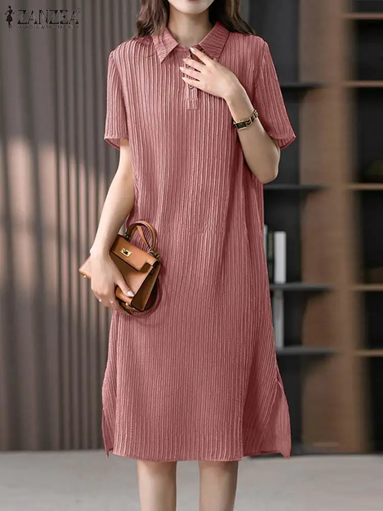 

ZANZEA Summer Casual Sundress Female Elegant Solid Dress Woman Short Sleeve Lapel Pleated Shirtdress Fashion Streetwear Dresses