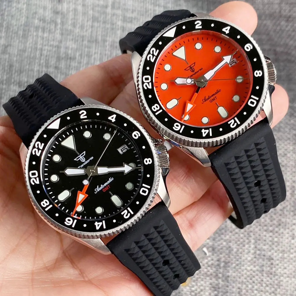 男性用自動時計,37mm,オレンジダイヤル,24時間,20時間,耐水性,クラウン 