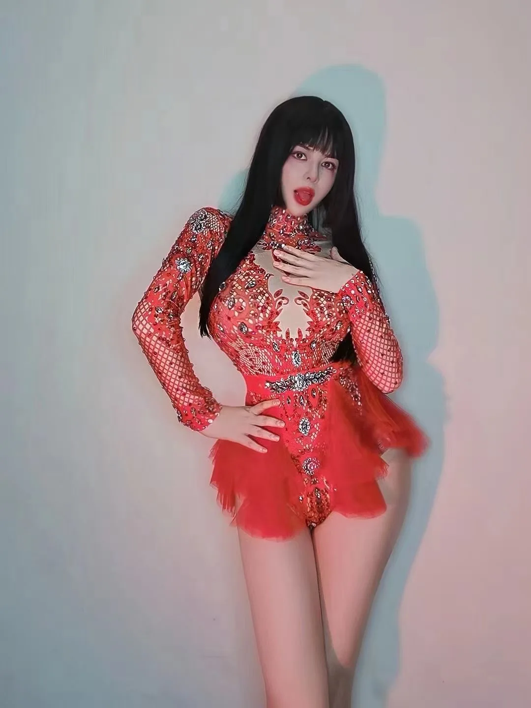 

Red Mesh Long Sleeves Shining Rhinestones Gauze Sexy Bodysuits For Women Nightclub DJ Clothing Pole Prom Dance Stage Costumes