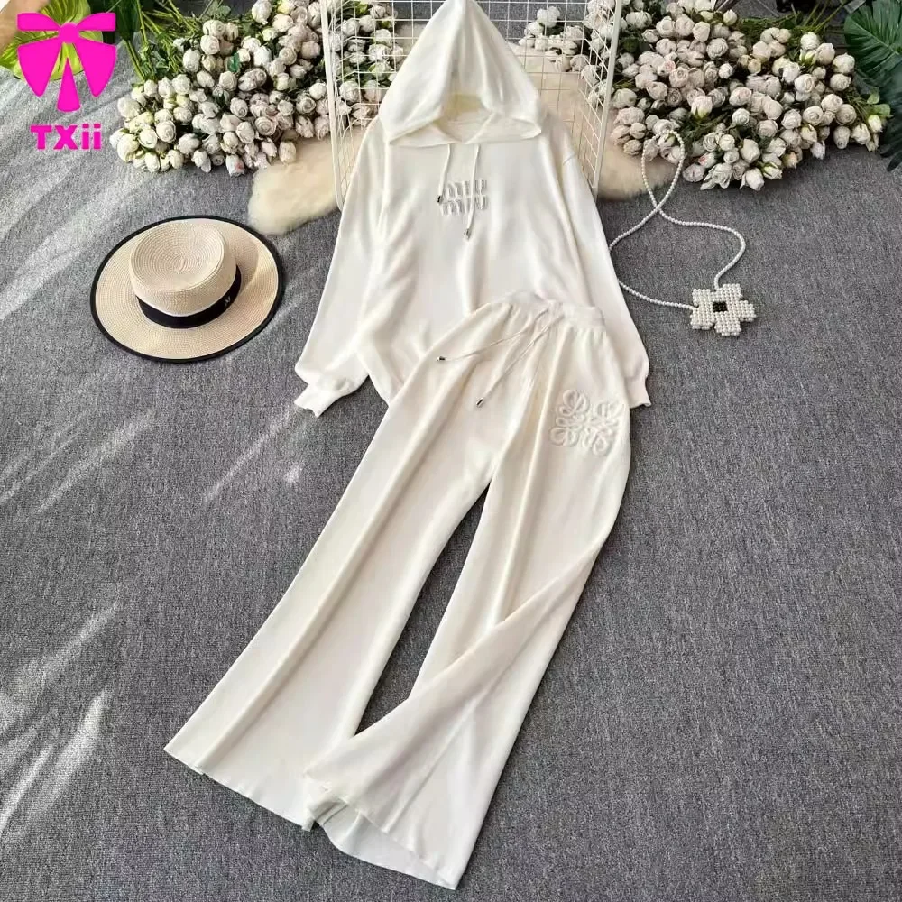 Autumn and winter European and American style letter jacquard knitted hooded top+high waisted loose pants casual two-piece set 2