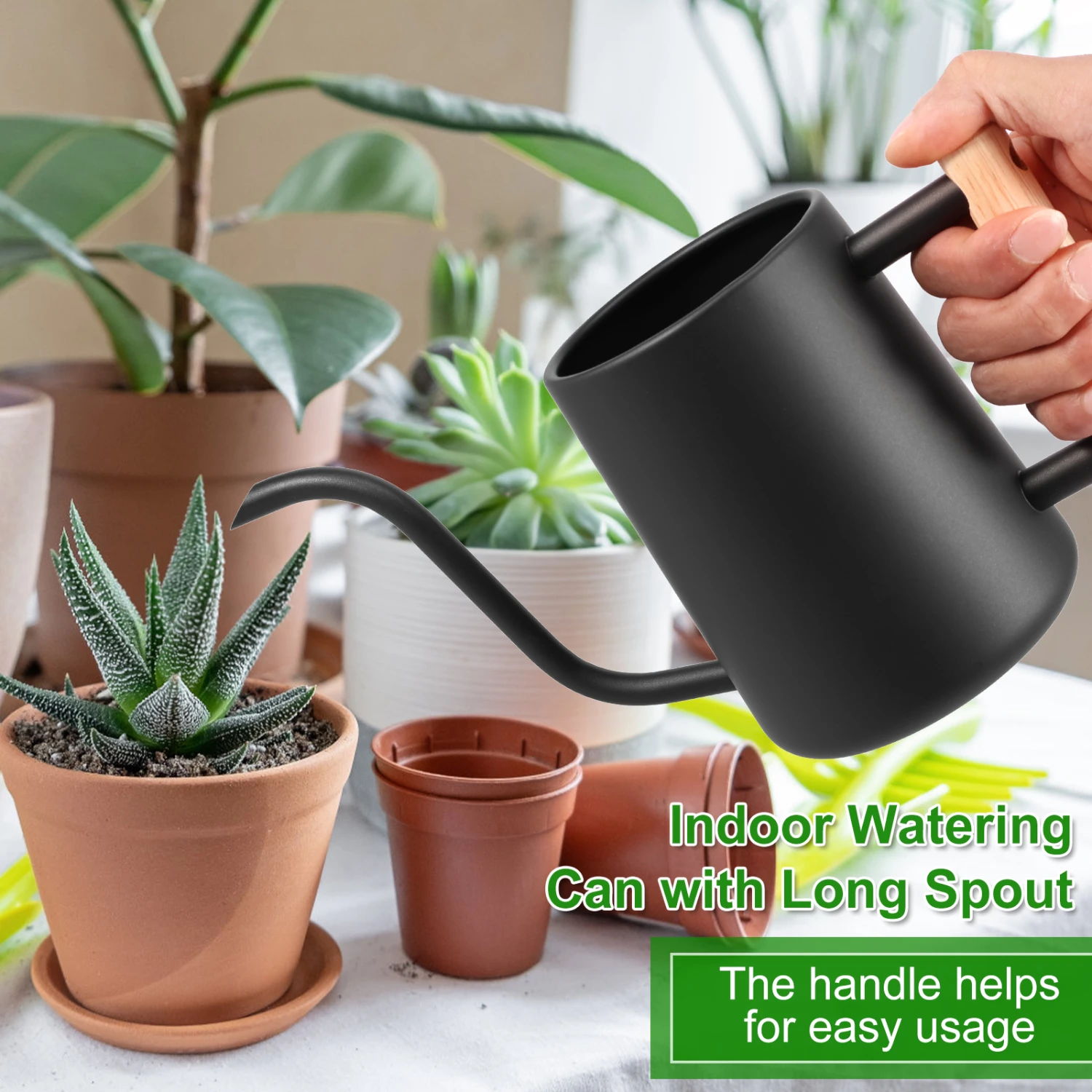 Elegant and stylish stainless steel 1L watering can with long spout and ergonomic wooden handle, perfect for precise watering of