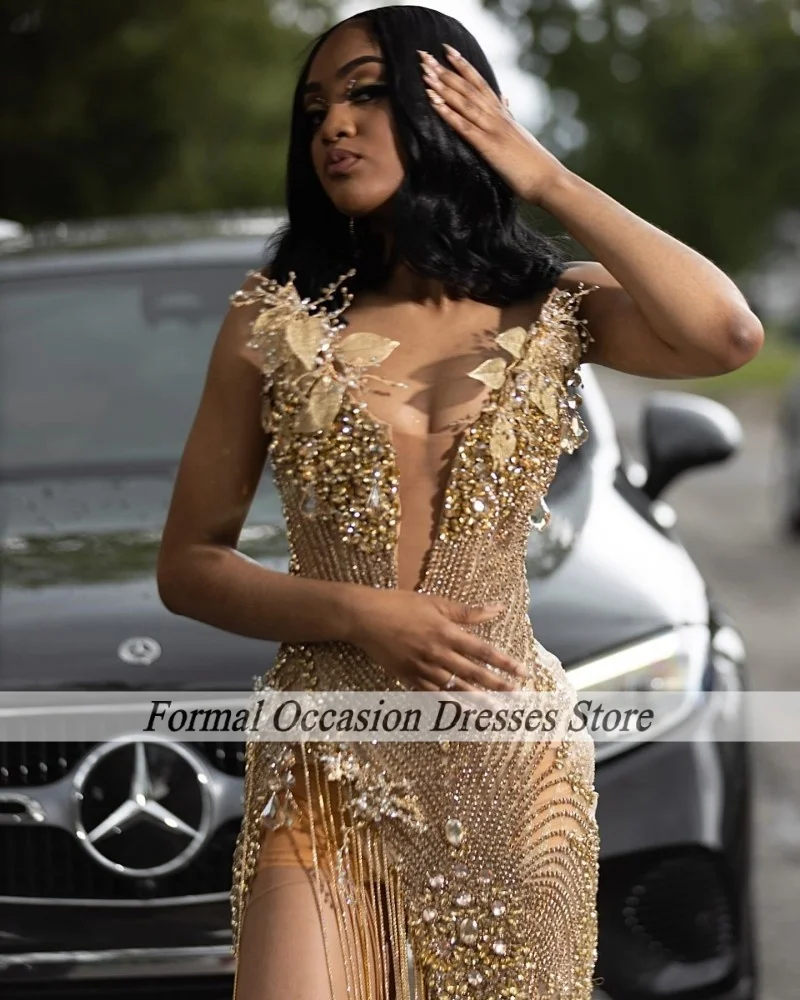 Luxury Gold Prom Dresses Crystal Diamond Tassel Mermaid Party Gowns V Neck Black Girl Sequin Split Evening Dress Customized