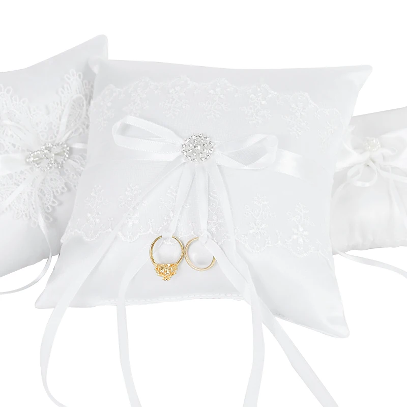 Romantische Schleife Band Perlen weißen Ring Kissen Braut Hochzeit Zeremonie Tasche Ring Kissen Kissen Träger mit Bändern Dekoration – Detail 7