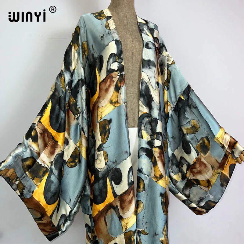 WINYI kimono summer boho Oil painting print beachwear Elegant Cardigan sexy Holiday loose swimsuit evening dress abaya cover-ups