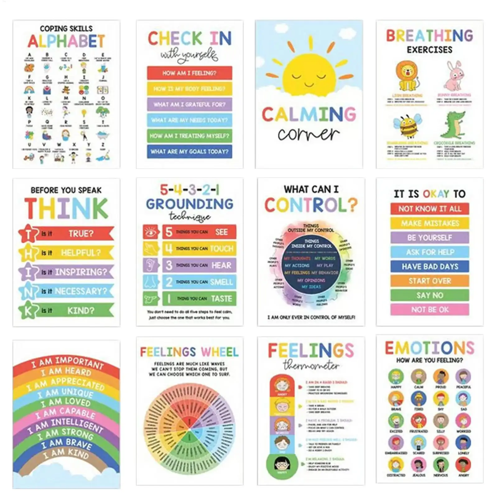 Calming Corner Posters 12 Pieces Mental Health Posters Classroom Emotions Chart Wall Art for Daycare Library Program Space