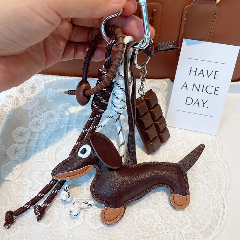Keychain Retro Ins Style Sausage Dog Car Keychain Bag Pendant Hanging Rope Chocolate Weaving Rope Accessories 5