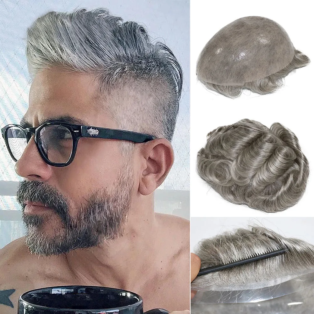100% Natural Human Hair Men Toupee Wigs Transparent PU Super Durable Thin Skin V-looped Wig Replacement System human hair toupee