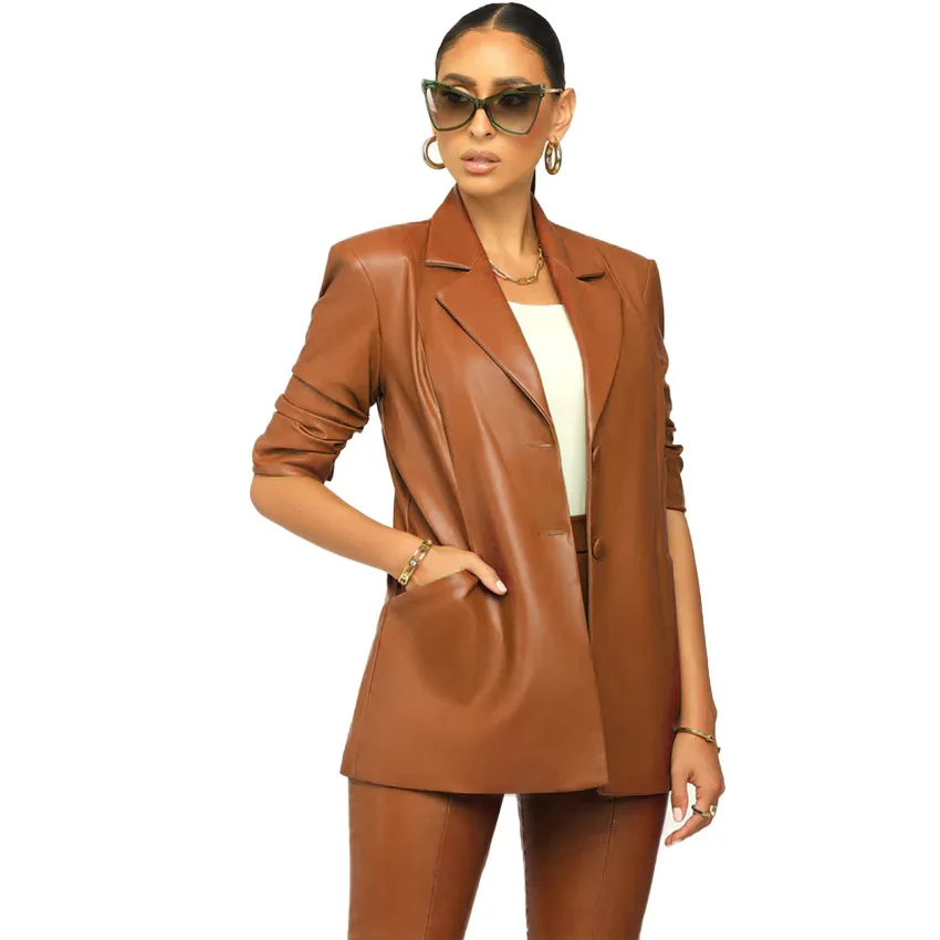 2 Pieces Women's Set 2023 Autumn Winter Solid Color Long Sleeve Blazers Women Suit PU Tops And Pants Set Two Piece Set Tracksuit