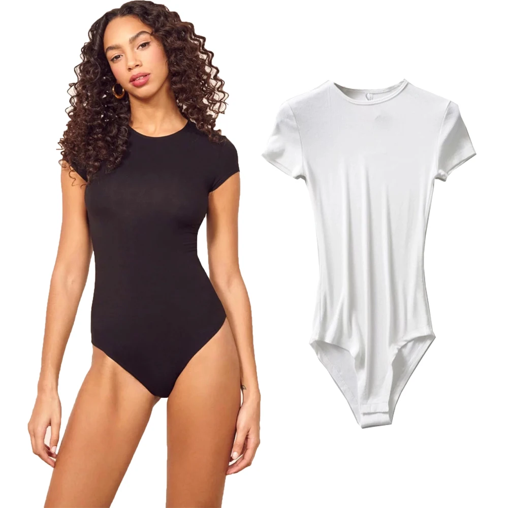 

2022 Summer Women's Bodysuit Round Neck Short Sleeve T-shirt ribbed Jumpsuit Solid Color Sexy Slim One-piece Bodycon T Shirts