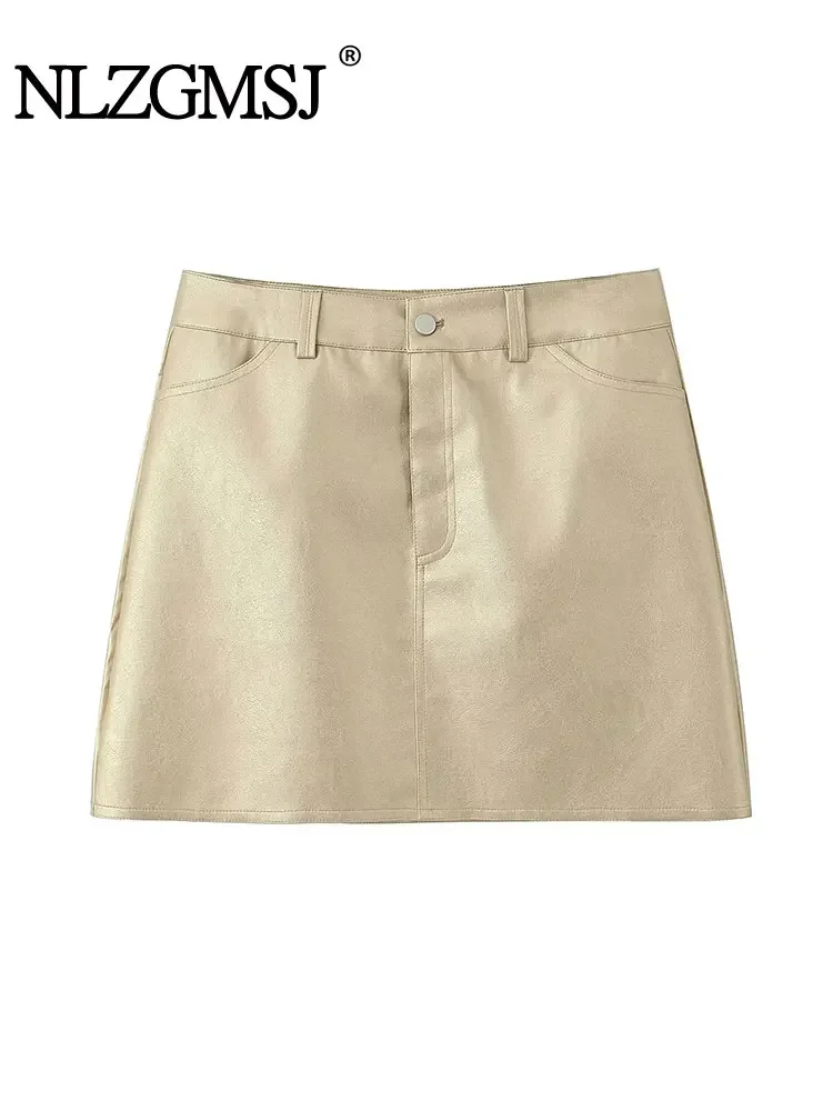 

Женская юбка Nlzgmsj TRAF 2024 из искусственной кожи, золотые мини-юбки с высокой талией для женщин, блестящие осенние женские короткие юбки Y2K