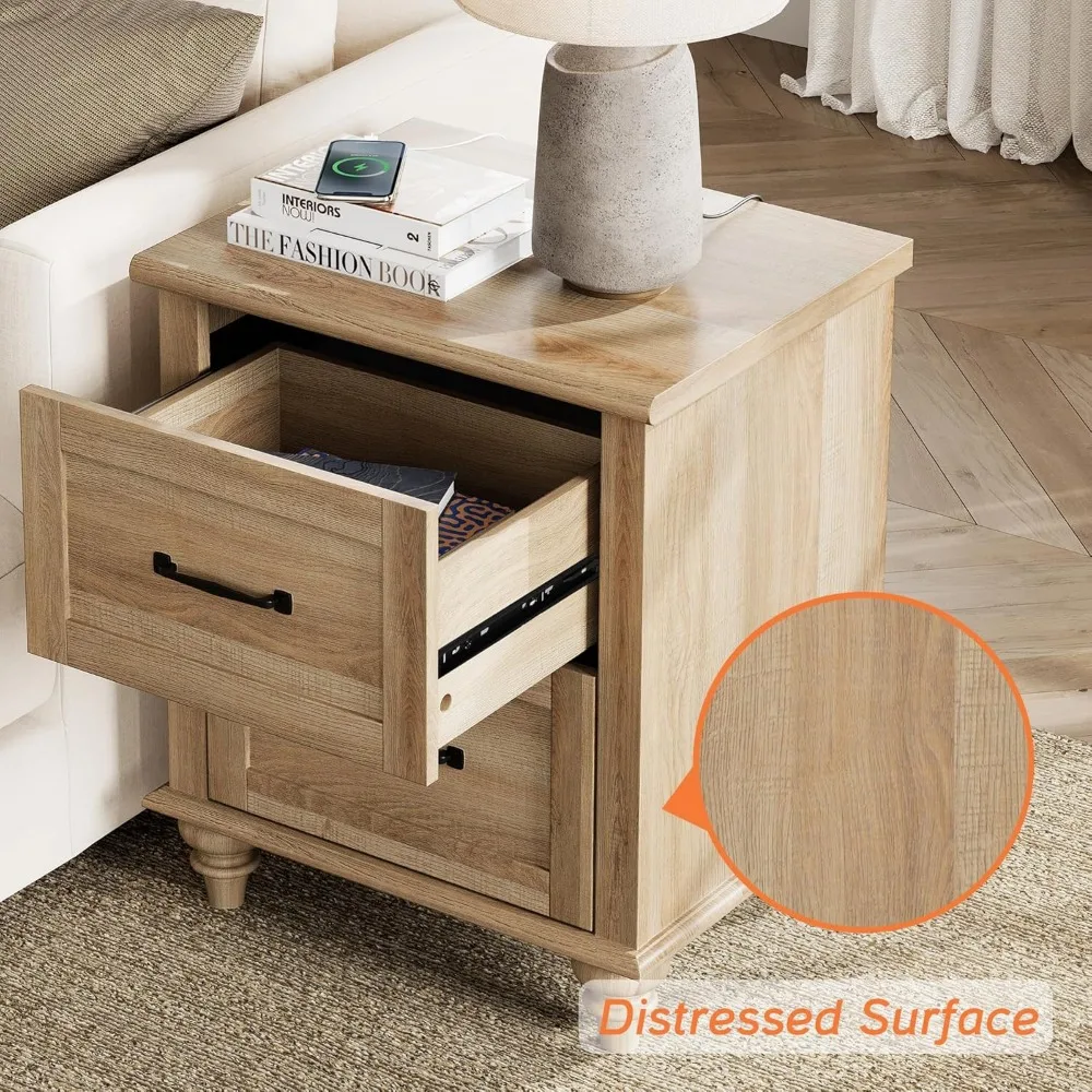 Nightstands with Charging Station Set of 2, Night Stand with 2 Drawers,Wooden Rustic Bedside Table End Tables with Solid Wood 6