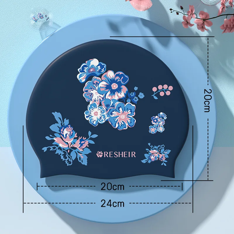 Women's Silicone Swimming Hats Waterproof Printed Swimming Caps Oversized and Comfortable Ear Protection Swim Caps for Long Hair 4