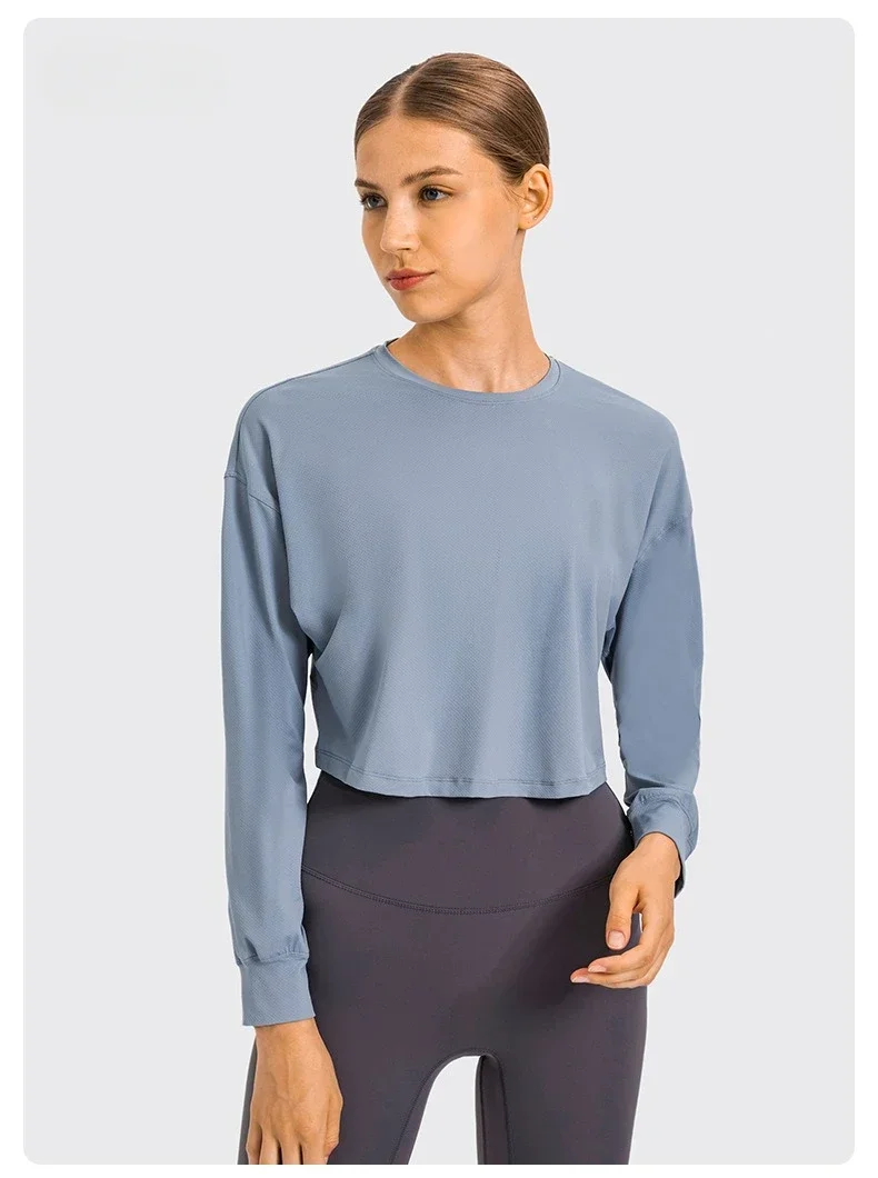 Lemon Women Long Sleeve Top Gym Yoga Fitness Jacquard Crop Home Sportswear Outdoor Jogging Loose Breathable Exercise Blouse