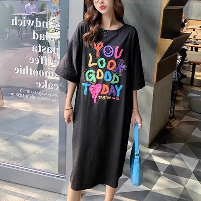 

Summer 2024 Women Mid Dresses Oversized Loose Short Sleeve Long Dress Round Neck Korean Style Casual Fashion Female Clothing Hot