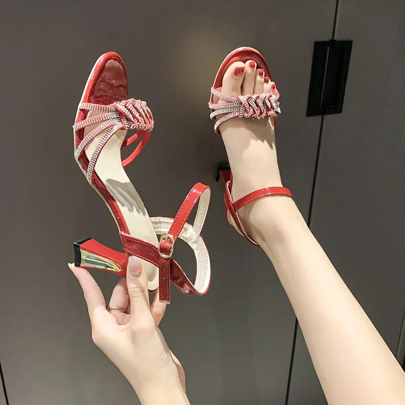 

New Pointed Toe Rhinestones Women Sandals Female Transparent Thin High Wedding Shoes Ladies Sexy Pu Buckle Straps Pumps 2023
