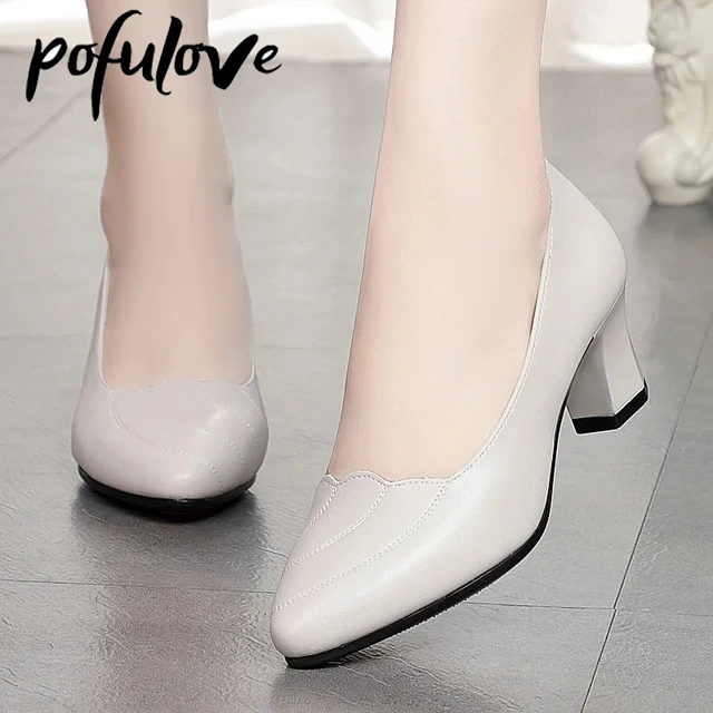 Pofulove Women Mid Square Heel Shoes Pumps Black PU Office Lady Spring Non Slip Fashion Mother Oxford Shoe Zapatos Mujer 6