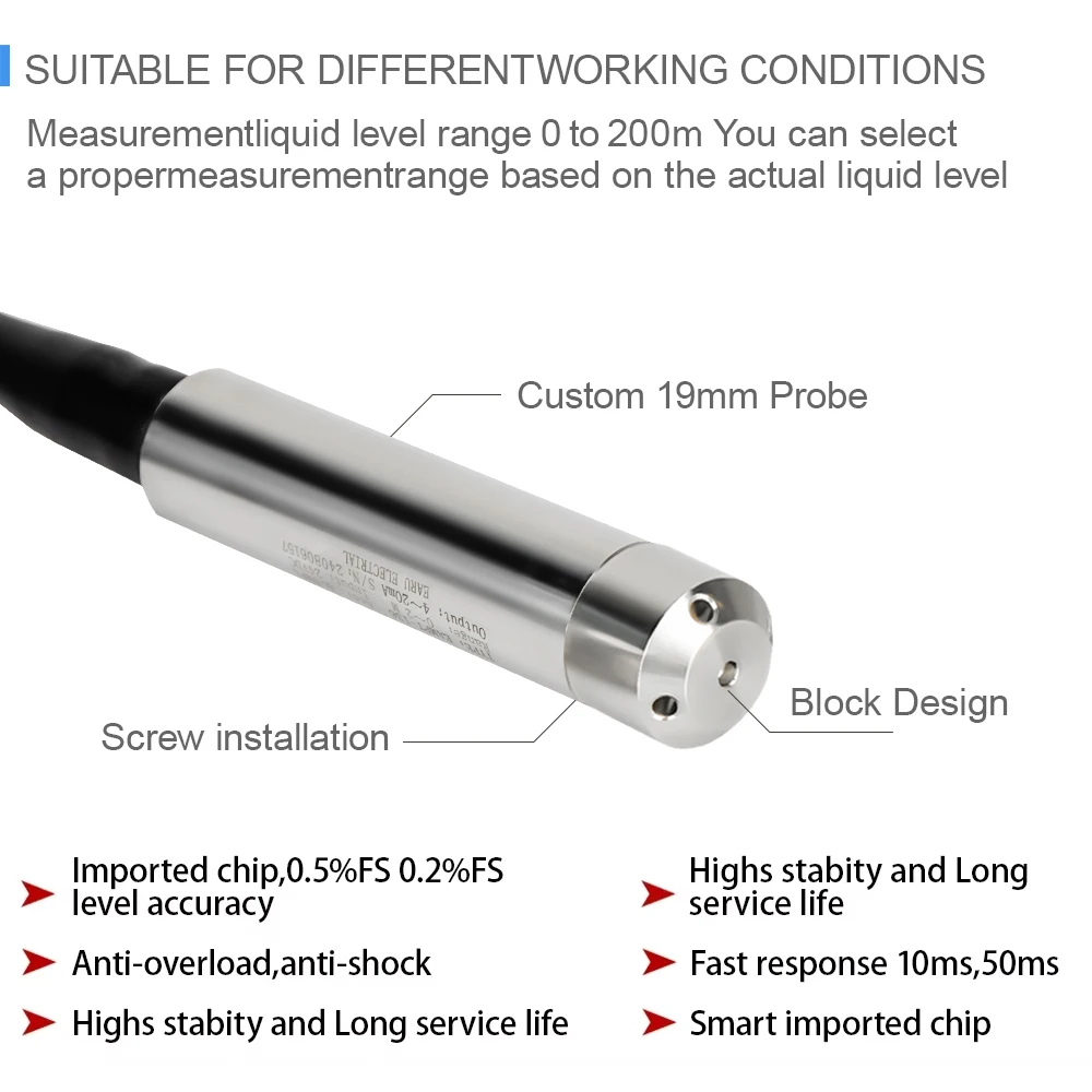 Liquid Level Sensor 4-20MA Output Integral Level Transmitter Liquid Oil Water Level Sensor Probe Detect Controller Float Switch 1-10m RS485 for Pump