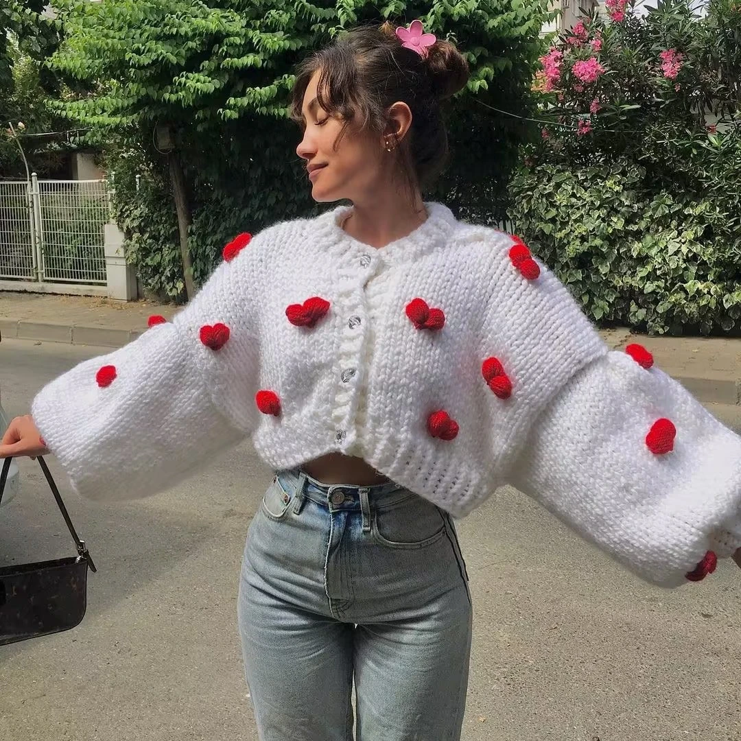 

AYUALIN Knitted Red Heart Long Sleeve Loose Sweater 2022 Vintage Boho Jumper Casual Short Autumn Cardigan Sweaters for Women