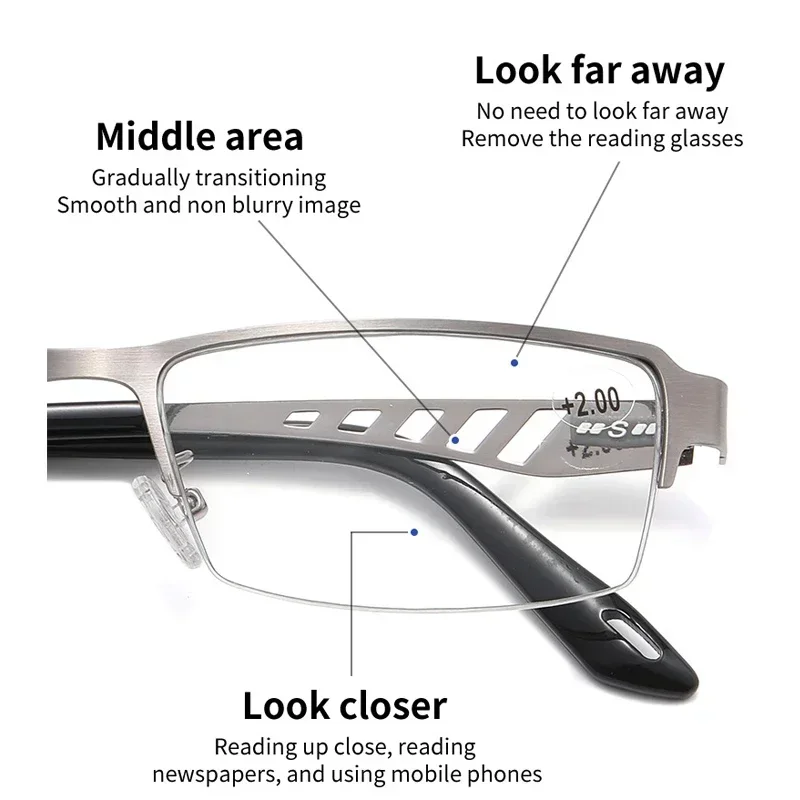 Large Frame Multifocal Glasses Men Square Metal Photochromic Reading Glasses Blue Light Blocking Eye Protection Eyeglasses 2